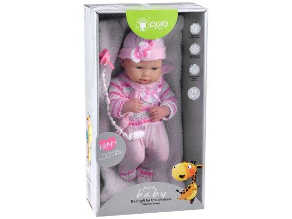 Pure elbűvölő baba rózsaszín ruhában cumival - 35 cm magas