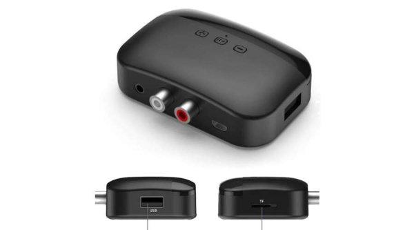 Bluetooth 5.0 vevő, NFC csatlakozás, USB és TF kártyás MP3 lejátszó, 3,5
mm-es Jack és RCA aljzattal, Multiconnect