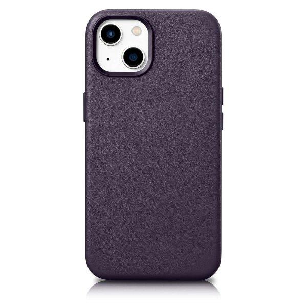 iCarer Case Leather valódi bőr tok iPhone 14 Plushoz sötétlila (MagSafe
kompatibilis)