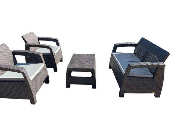 Novara Lite 4 személyes kerti bútorszett, 2 fotel+ kanapé + asztal, barna
