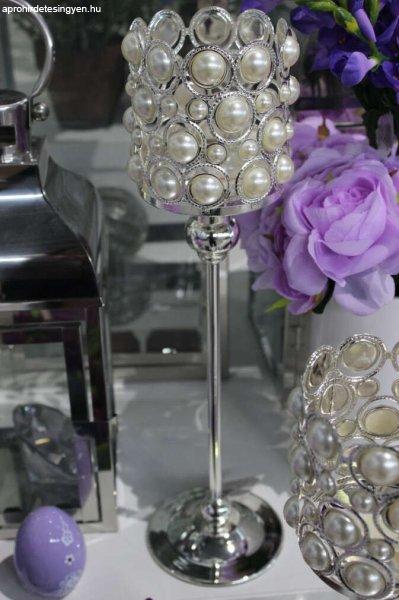 Ezüst luxus gyertyatartó gyöngyökkel 40cm