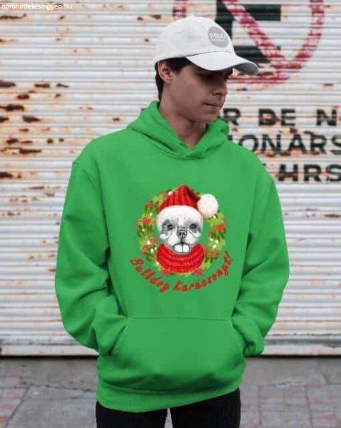 Bulldog Karácsonyt kapucnis pulóver - egyedi mintás, 4 színben, 5 méretben