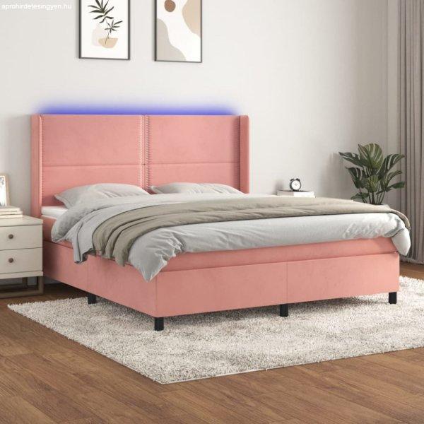 Rózsaszín bársony rugós és LED-es ágy matraccal 180x200 cm