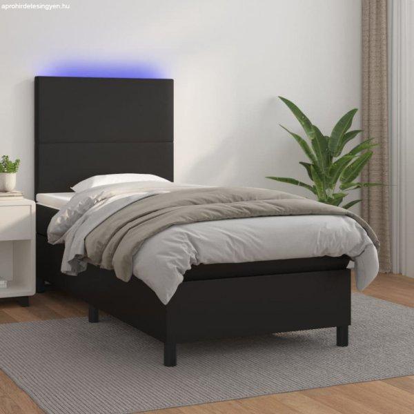 Fekete műbőr rugós ágy matraccal és LED-del 90x190 cm