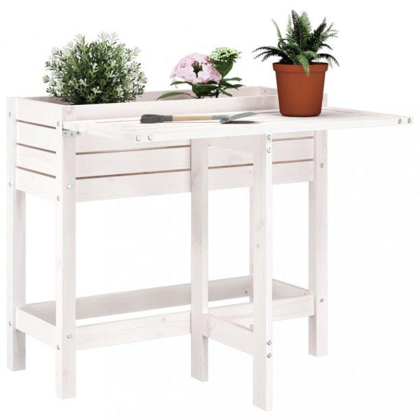 Fehér tömör fenyőfa kerti ültetőláda összecsukható asztallappal