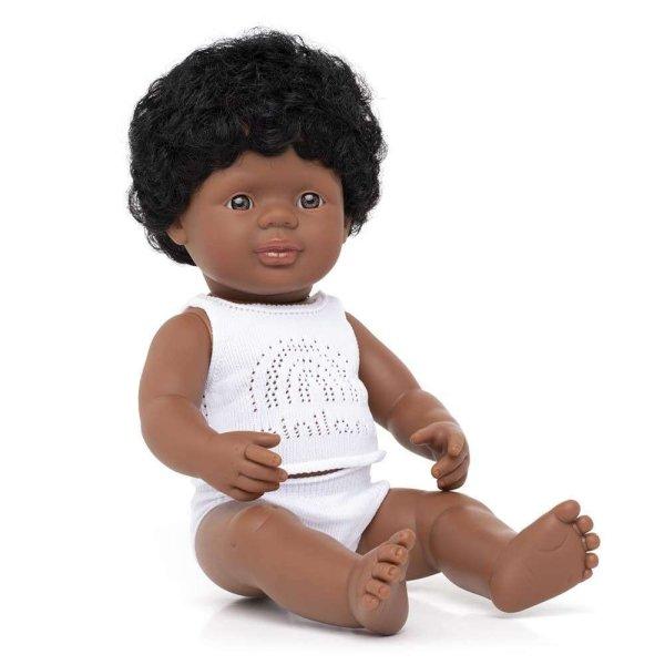 Baba, afroamerikai fiú, fehérneműben, 38 cm, Miniland ML31159