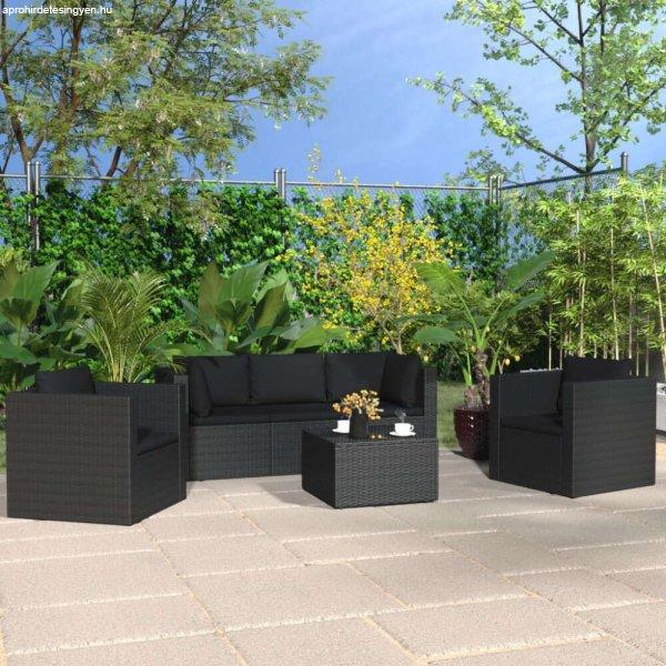 4-részes fekete polyrattan kerti bútorszett párnákkal