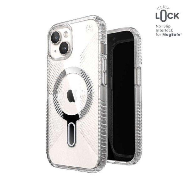 Speck Presidio Perfect-Clear Grip ClickLock & MagSafe - telefontok iPhone 15 /
iPhone 14 / iPhone 13 (Clear / Chrome Finish / Serene Silver)