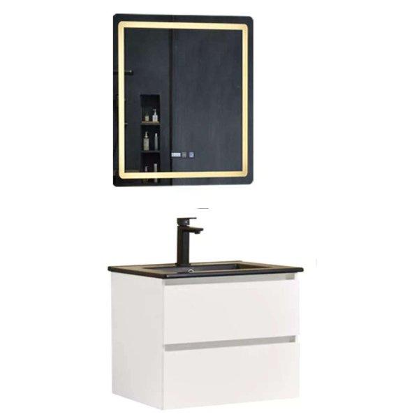 Hongkong White 60 komplett fürdőszoba bútor fali mosdószekrénnyel, fekete
slim kerámia mosdóval és tükörrel