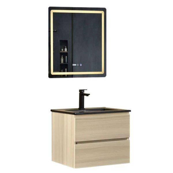 Hongkong Sonoma 60 komplett fürdőszoba bútor fali mosdószekrénnyel, fekete
slim kerámia mosdóval és tükörrel
