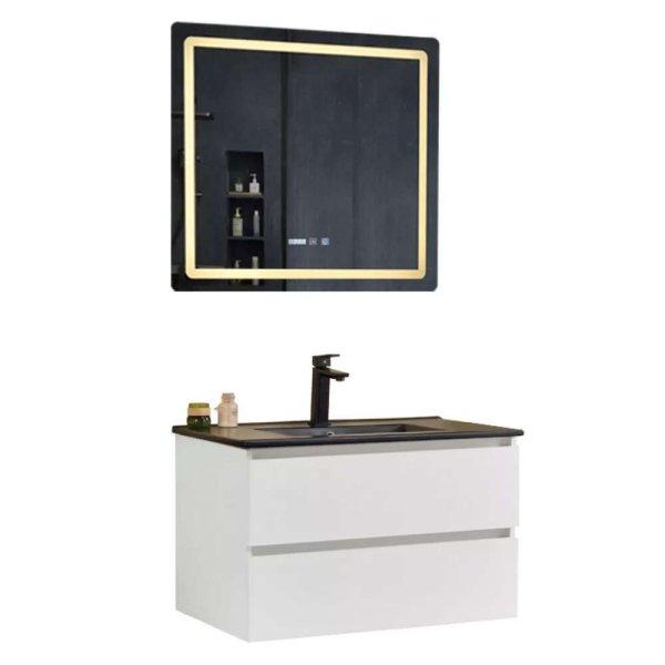 Hongkong White 80 komplett fürdőszoba bútor fali mosdószekrénnyel, fekete
slim kerámia mosdóval és tükörrel