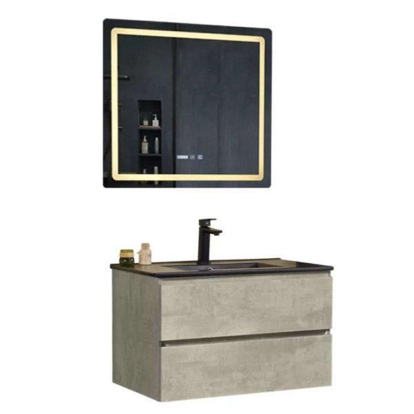 Hongkong Loft beton 80 komplett fürdőszoba bútor fali mosdószekrénnyel,
fekete slim kerámia mosdóval és tükörrel
