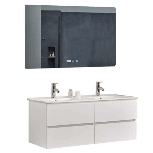 Hongkong Duo White 120 komplett fürdőszoba bútor fali mosdószekrénnyel,
dupla kerámia mosdóval és tükörrel