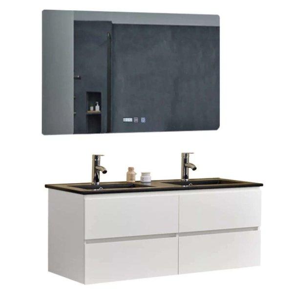 Hongkong Duo White 120 komplett fürdőszoba bútor fali mosdószekrénnyel,
dupla fekete slim mosdóval és tükörrel