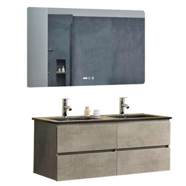 Hongkong Duo Loft Beton 120 komplett fürdőszoba bútor fali
mosdószekrénnyel, dupla fekete kerámia mosdóval és tükörrel