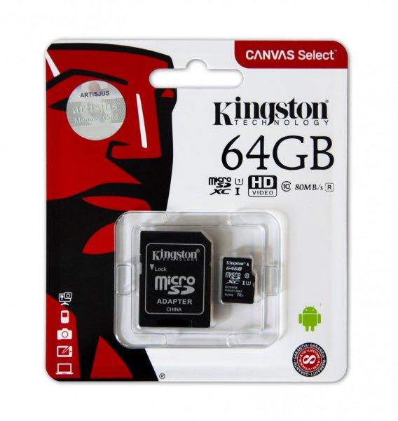 Kingston SDCS2/64GB 64GB microSD kártya, microSDXC, UHS-I Speed Class, U1, V10,
adapterrel