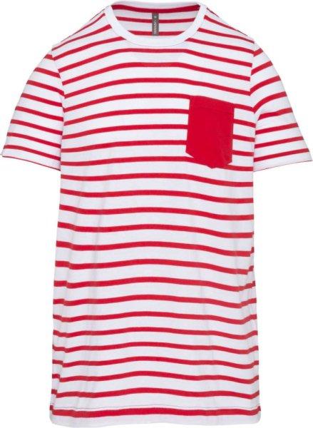 Gyermek matrózcsíkos pamut póló zsebbel, Kariban KA379, Striped
White/Red-8/10