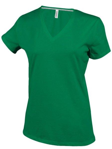 Női V-nyakú rövid ujjú pamut póló, Kariban KA381, Kelly Green-XL
