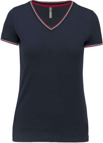 Női V-nyakú piké póló, csíkos szélekkel, Kariban KA394, Navy/Red/White-XS