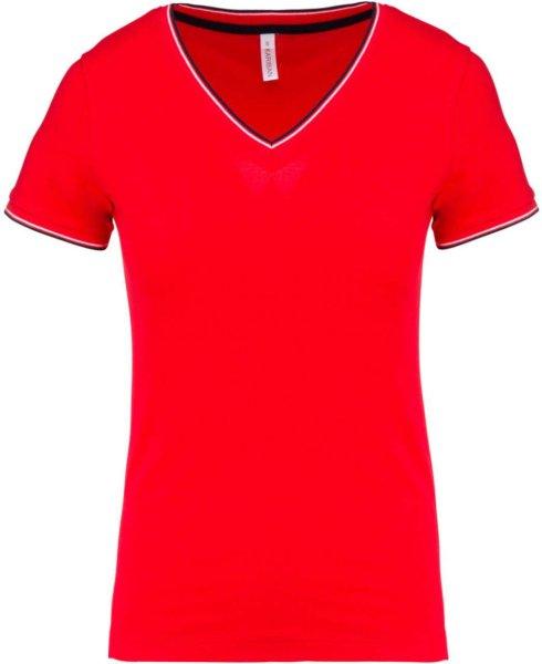 Női V-nyakú piké póló, csíkos szélekkel, Kariban KA394, Red/Navy/White-XS