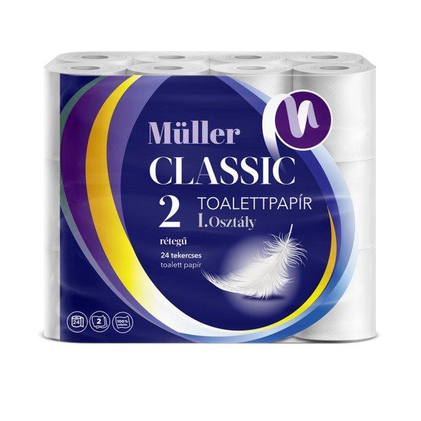 Toalettpapír 2 rétegű kistekercses 100% cellulóz 100 lap/tekercs 24
tekercs/csomag Müller Classic