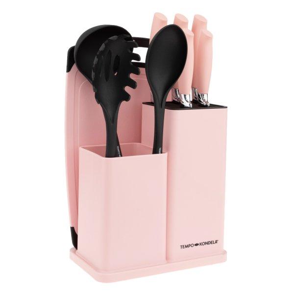 TEMPO-KONDELA KAHON, kés- és konyhai eszköz készlet, 10 db,
állvánnyal, rózsaszín