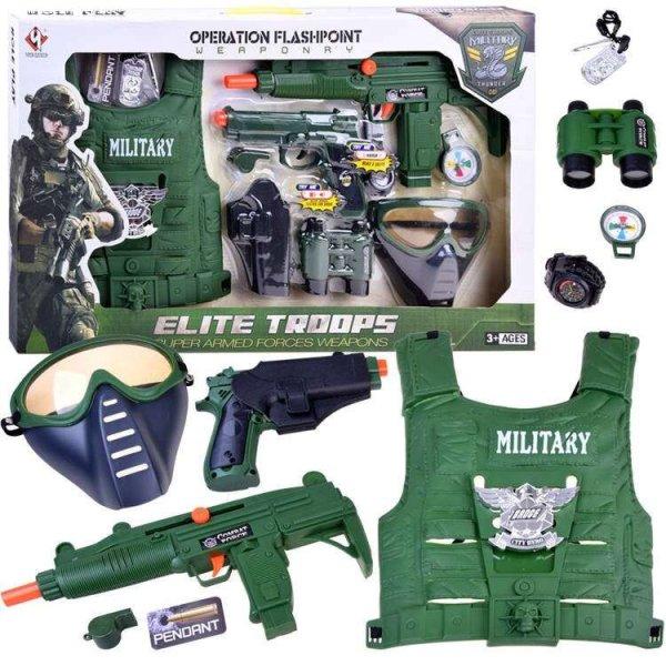 Katonai felszerelés mellénnyel, fegyverrel, távcsővel és további
kiegészítőkkel