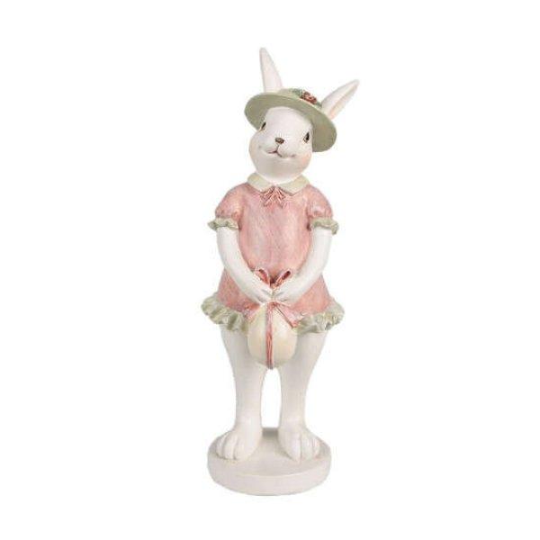 CLEEF.6PR4999 Fehér nyuszilány rózsaszín ruhában, kalapban, masnis
tojással, 9x9x26cm, műanyag dekorfigura
