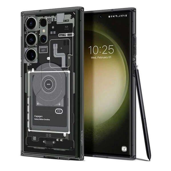 Samsung Galaxy S23 Ultra SM-S918, Műanyag hátlap védőtok + szilikon keret,
Telefon belső minta, Spigen Ultra Hybrid Zero One, átlátszó/füst