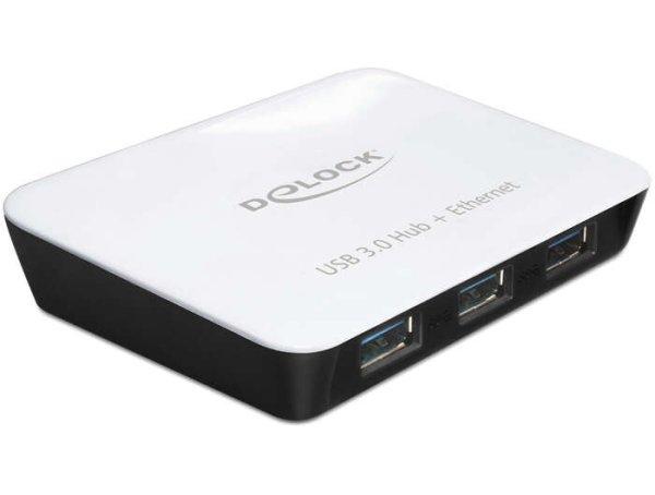 Delock HUB USB 3.0 3 port + 1 port Gigabit LAN 10/100/1000 Mb/s, fehér-fekete