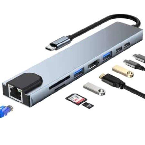 Hub Adapter Multiport 8 az 1-ben USB-C 3.1 ROHS® – HDMI 4K / LAN RJ45
Ethernet / Type C Port / USB 3.0 / Power Delivery Port 87W / TF és SD
kártyaolvasó, dokkoló állomás laptophoz, MacBook Ai