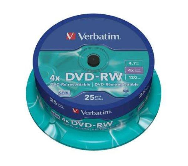 VERBATIM DVD-RW lemez, újraírható, 4,7GB, 4x, 25 db, hengeren, VERBATIM