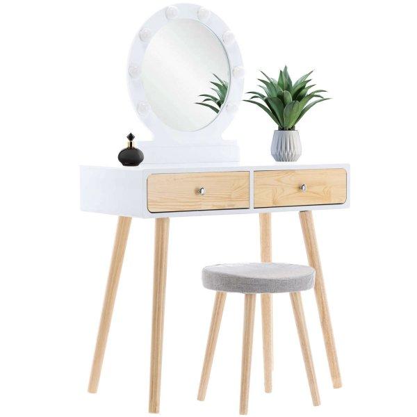 Fésülködőasztal és smink készlet székkel, skandináv, tükör, LED
világítás, 75x45x130 cm, fehér