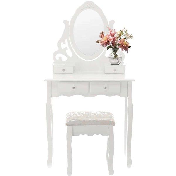 Set Fésülködőasztal és smink vintage székkel, fehér, 4 fiókkal és
tükörrel, 75x40x139cm