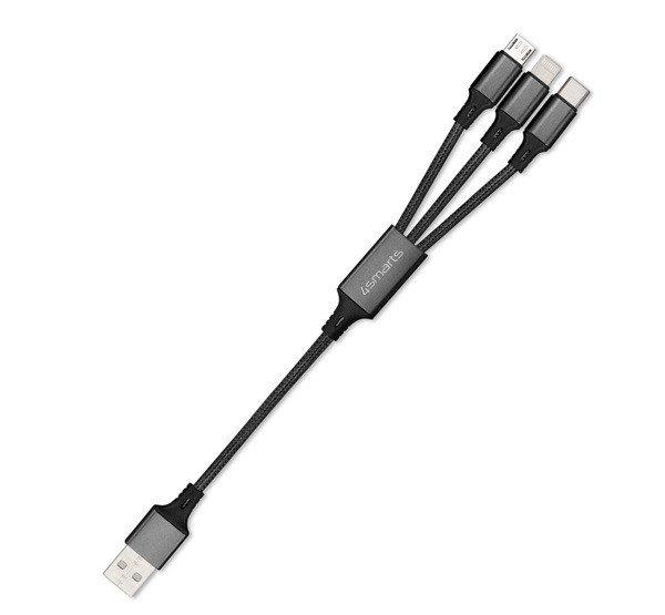 4smarts 3in1 ForkCord kábel Micro/Type-C/Lightning kábel, 20cm, fekete