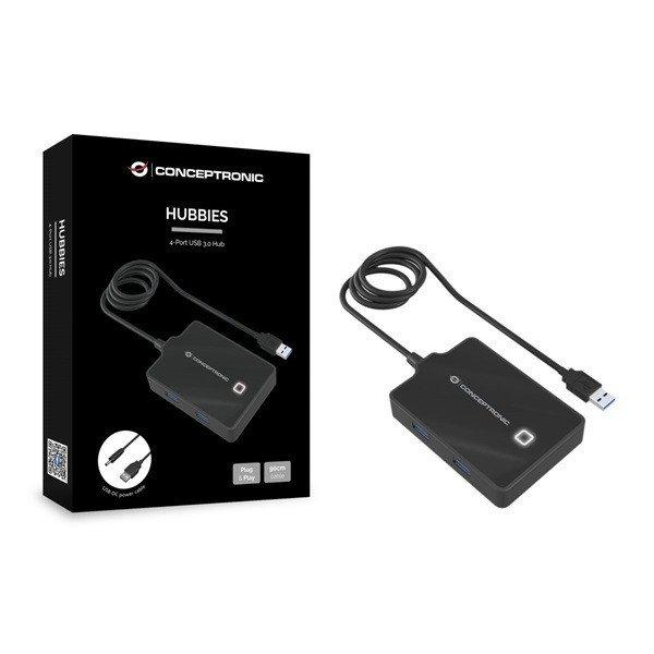 Conceptronic Aktív USB Hub - HUBBIES11B (4 port, USB3.0, 90cm kábel, USB táp,
fekete)