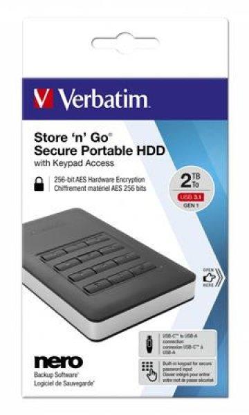 2,5" HDD (merevlemez), 2TB, USB 3.1, jelszavas titkosítás, VERBATIM
"Secure Portable", fekete