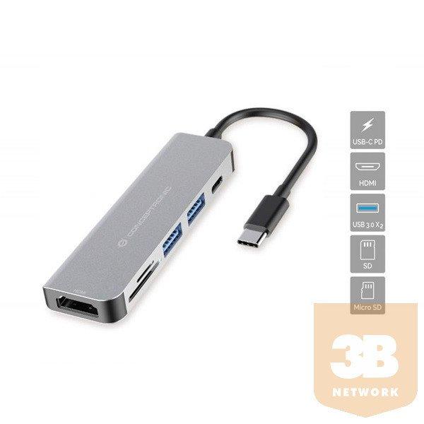 Conceptronic Notebook Dokkoló - DONN02G (Bemenet: USB-C, Kimenet: HDMI+USB-C
PD:60W+USB-A+SD/TF, szürke)