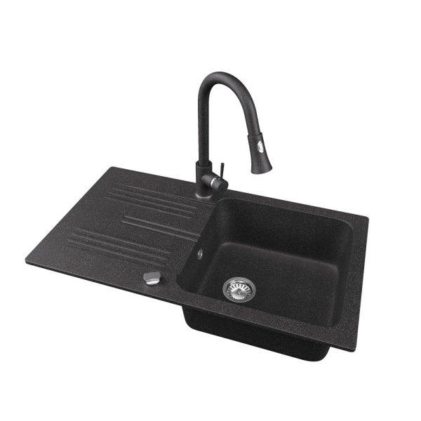 Gránit mosogató NERO Malta + kihúzható zuhanyfejes Snake csaptelep +
dugóemelő (fekete)