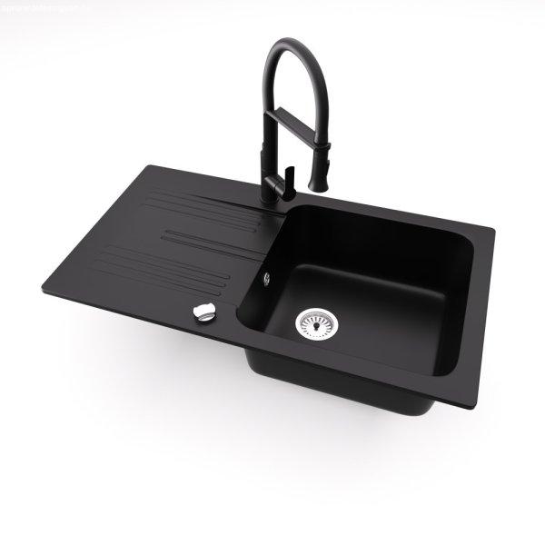 Gránit mosogató NERO Malta + kiemelhető zuhanyfejes Vegas mosogató csaptelep
+ dugóemelő (matt fekete)