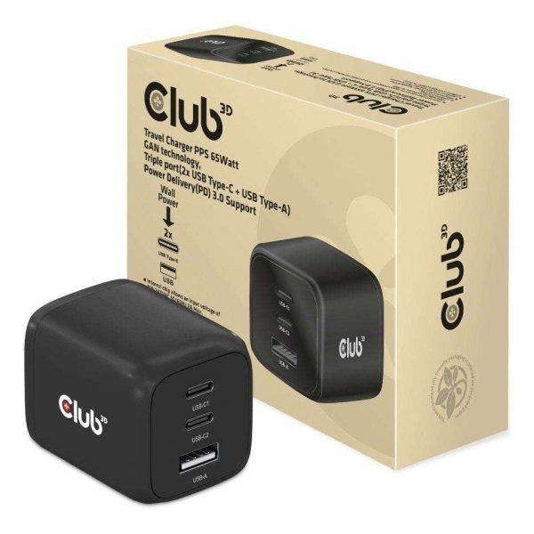 Club 3D 2x USB-C / USB-A Hálózati töltő - Fekete (65W)