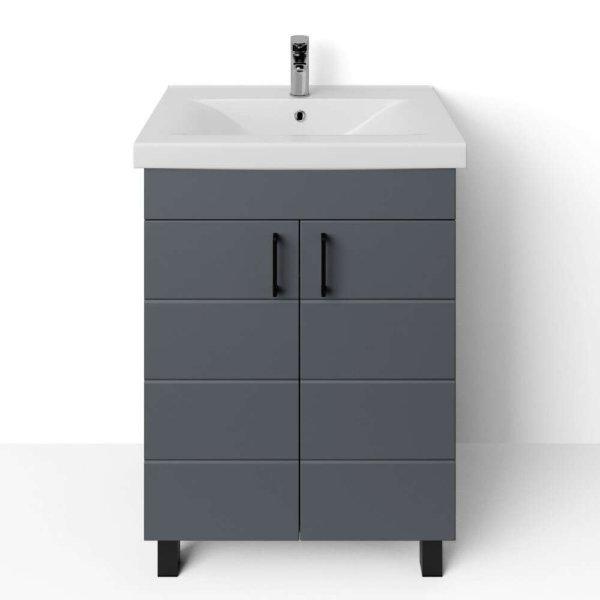 HD HÉRA 65 cm széles álló fürdőszobai mosdószekrény, sötét szürke,
fekete kiegészítőkkel, 2 soft close ajtóval, szögletes kerámia mosdóval