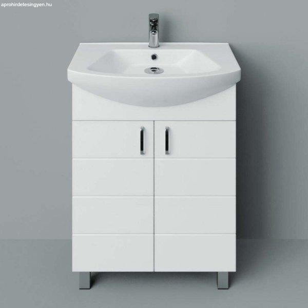 HD MART 55 cm széles álló fürdőszobai mosdószekrény, fényes fehér,
króm kiegészítőkkel, 2 soft close ajtóval, íves kerámia mosdóval