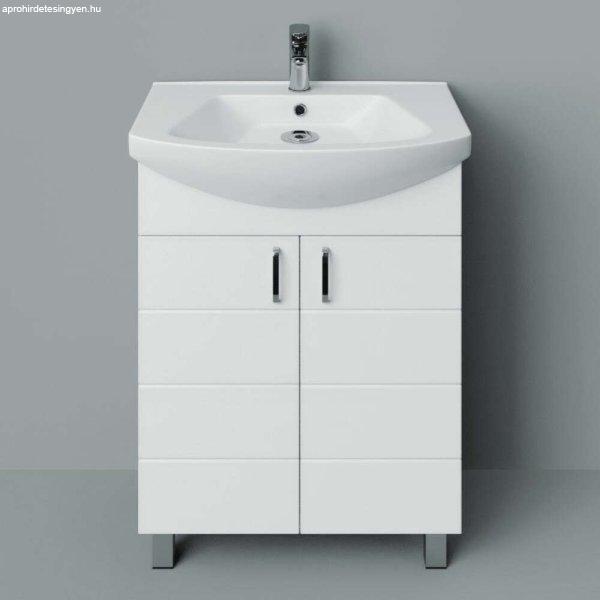 MART 65 cm széles álló fürdőszobai mosdószekrény, fényes fehér, króm
kiegészítőkkel, 2 soft close ajtóval, íves kerámia mosdóval
