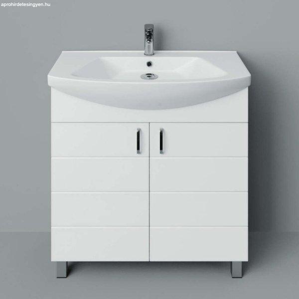 MART 75 cm széles álló fürdőszobai mosdószekrény, fényes fehér, króm
kiegészítőkkel, 2 soft close ajtóval, íves kerámia mosdóval