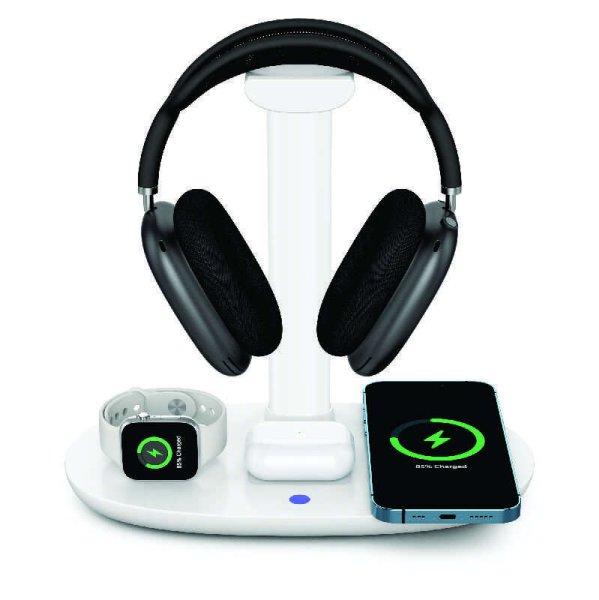 Fejhallgató-tartó / iSEN 4 az 1-ben vezeték nélküli töltő fehér,
fejhallgató-töltő max. 3 W, óratöltő max. 2 W, telefontöltő max. 15 W