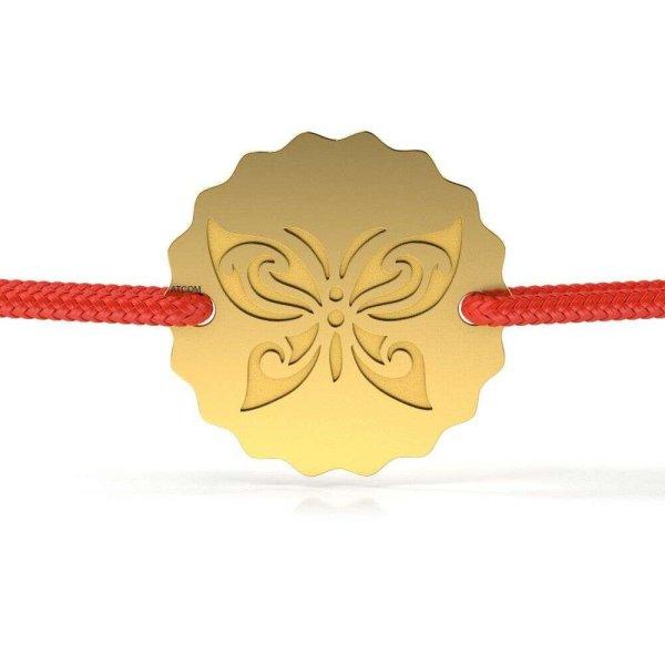 Sárga arany karkötő piros zsinórral Pillangó hatású modell