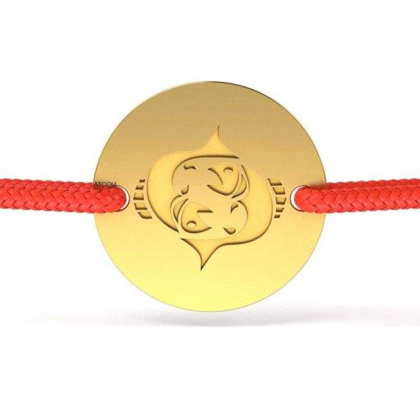 Sárga arany karkötő piros zsinórral Halak modell