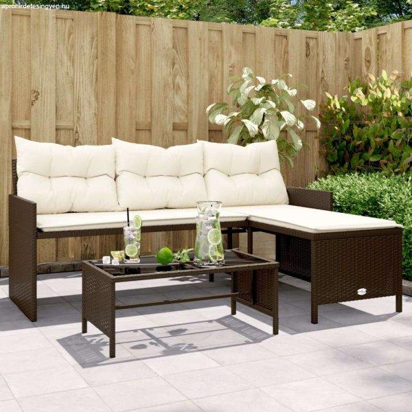 vidaXL L-alakú barna polyrattan kerti kanapé asztallal és párnákkal