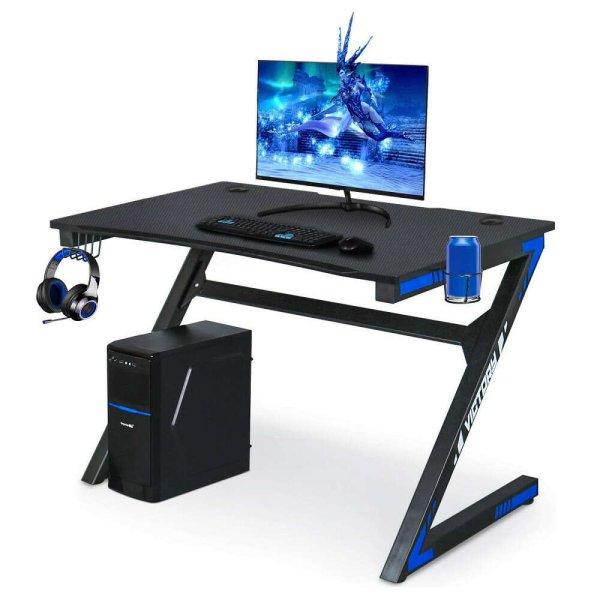 Gamer számítógépasztal pohártartóval és fejhallgató-akasztóval,
115x70x76cm - fekete, kék